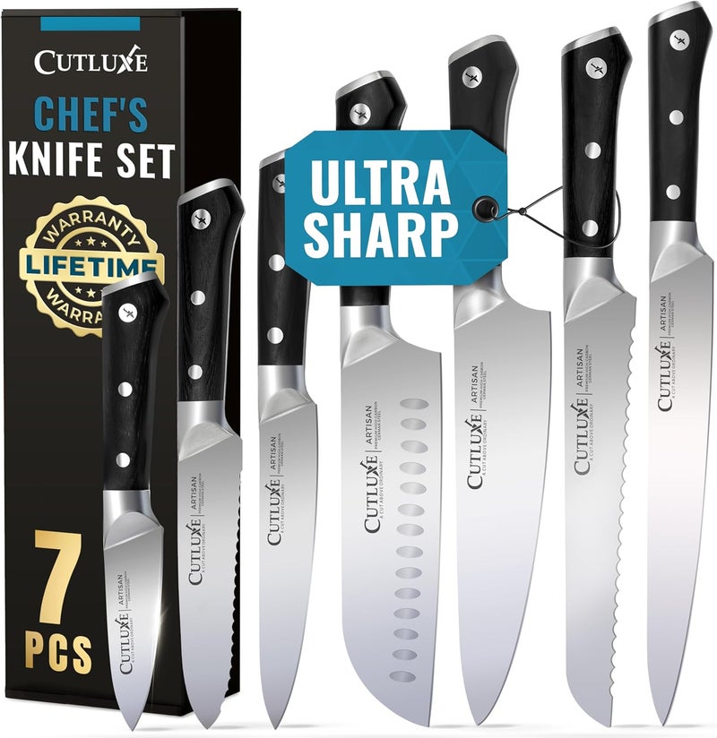 Cutluxe Chef Knife Set, 7 PCS Professional Chef's Knife Set – Razor Sharp German Steel, Full Tang, Ergonomic Handles – Artisan Series - Image 1